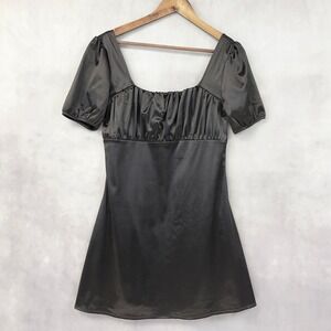 H&M Divided Womens Milkmaid Mini Dress L‎ Satin Puff Sleeve Square Neck Y2K Goth